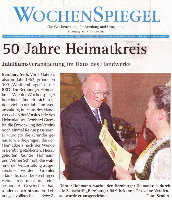 Pressebeitrag Wochenspiegel '50 Jahre Heimatkreis'